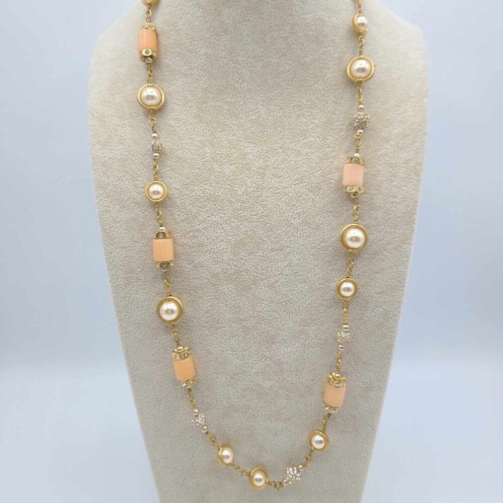 J Crew Long Pink Bead, Clear Crystal and Faux Pearl Necklace